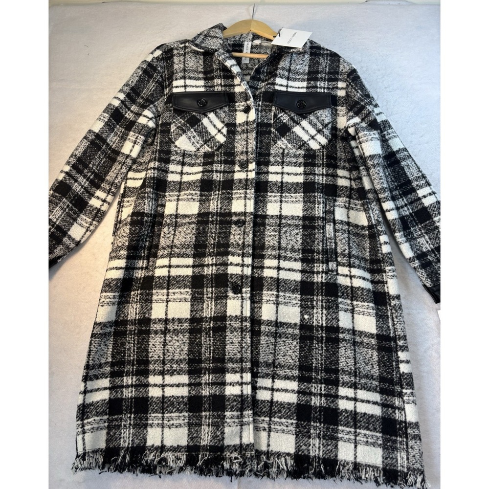 Grace‎ & Karma Upscale Shacket Women's Medium Blk/Wht Plaid Faux Leather Trim